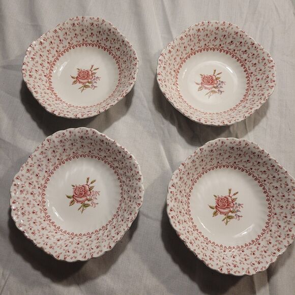 Johnson bros Rose Bouquet Pink Rose China square Cereal/soup Bowls 6.5” Set Of 4 - Picture 1 of 6